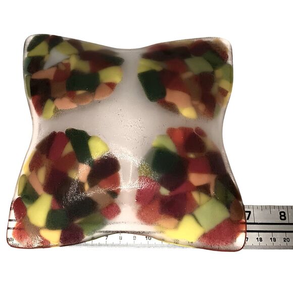 Fused Glass Trinket Dish Catchall Tray Square Red Orange Yellow Green MCM Style - Picture 12 of 12